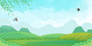 青色手绘简约草原小草绿地山丘白云卡通展板背景谷雨背景